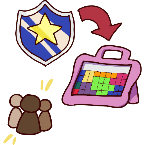 a red arrow points from a blue shield with a yellow star to a pink aac tablet. there are three figures with different skin tones nearby